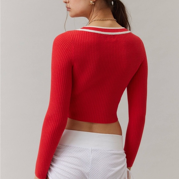 BDG Addison V Neck Ribbed Knit Sweater NWT bright Cherry Red fitted urban UO - Picture 2 of 9